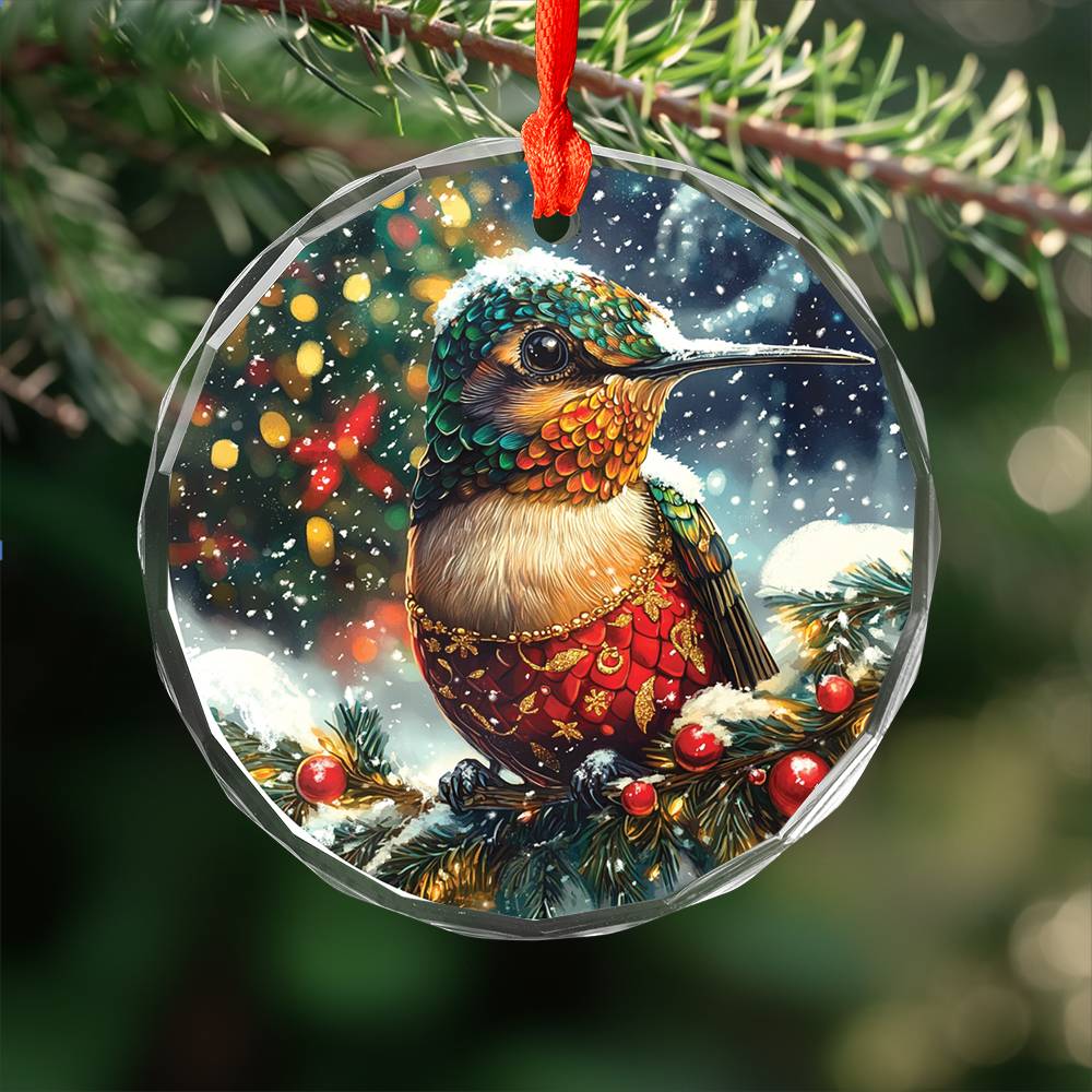 Beautiful Hummingbird Christmas Night Design 3 Glass Ornament