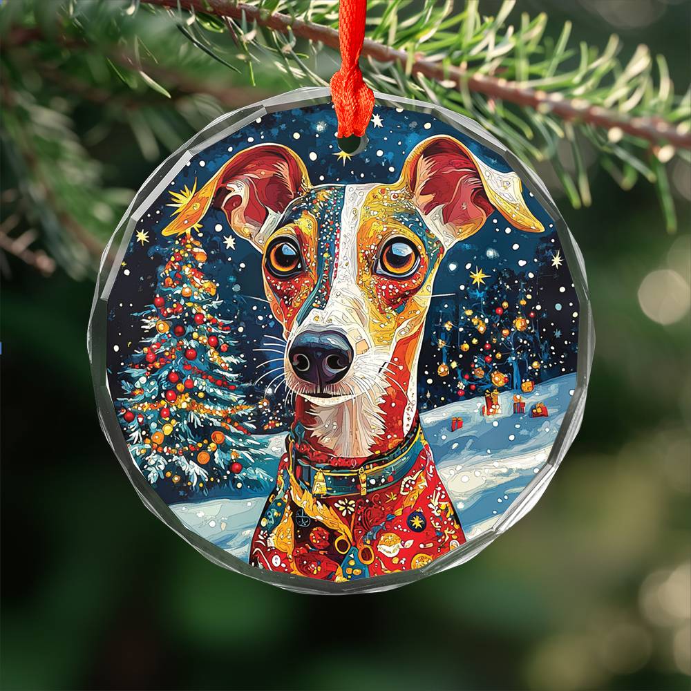 Beautiful Whippet Dog Christmas Night Design 4 Glass Ornament