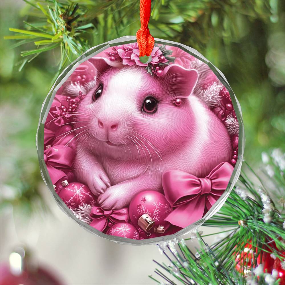 Guinea Pig Pink Christmas Design 3 Glass Ornament