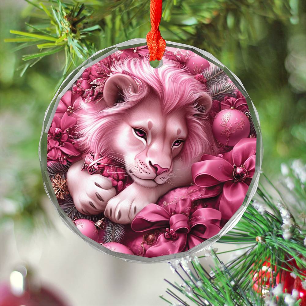 Lion Pink Christmas Design 4 Glass Ornament