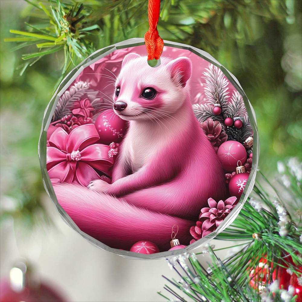 Ferret Pink Christmas Design 2 Glass Ornament