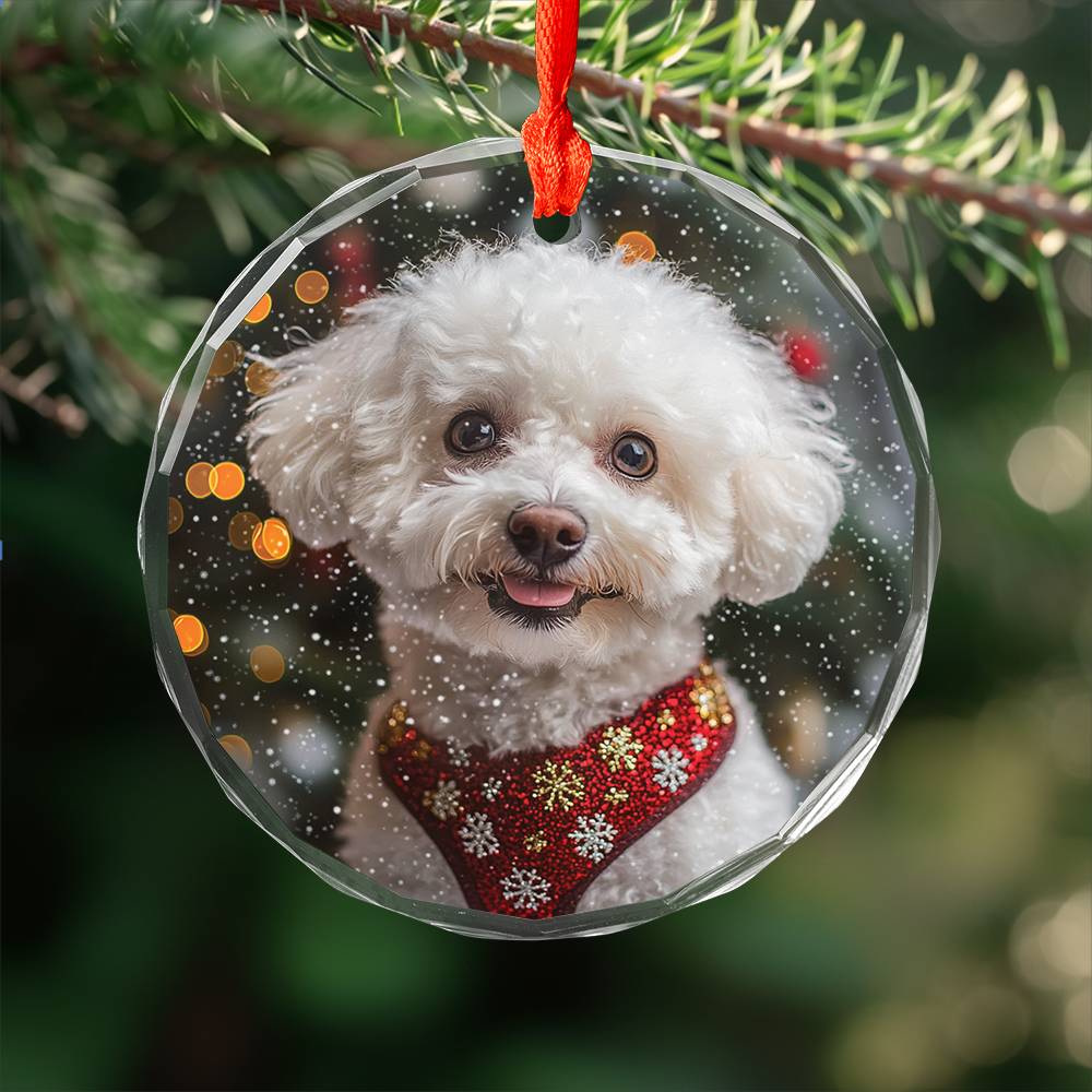 Beautiful Bichon Frise Dog Christmas Night Design 3 Glass Ornament