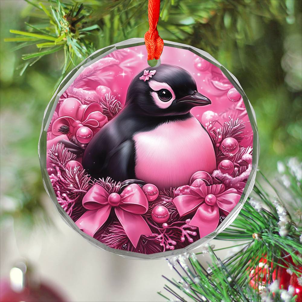 Penguin Pink Christmas Design 3 Glass Ornament