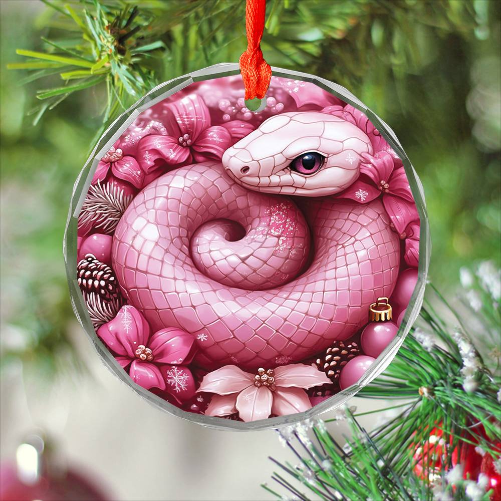 Snake Pink Christmas Design 4 Glass Ornament
