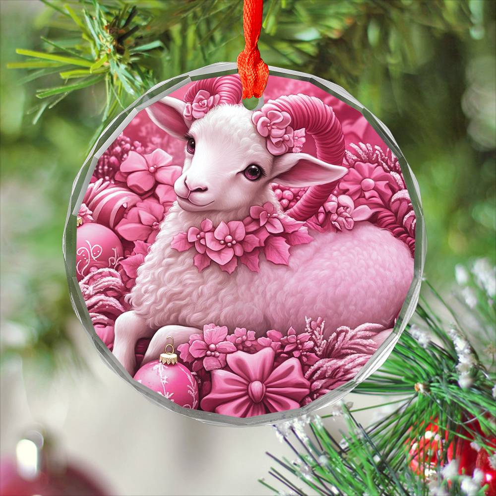Sheep Pink Christmas Design 3 Glass Ornament