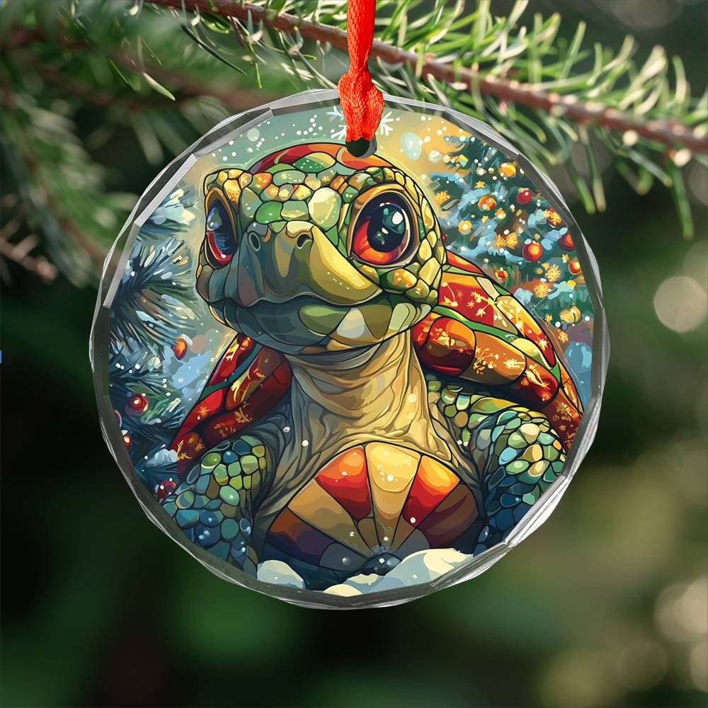 Beautiful Tortoise Christmas Night Design 4 Glass Ornament