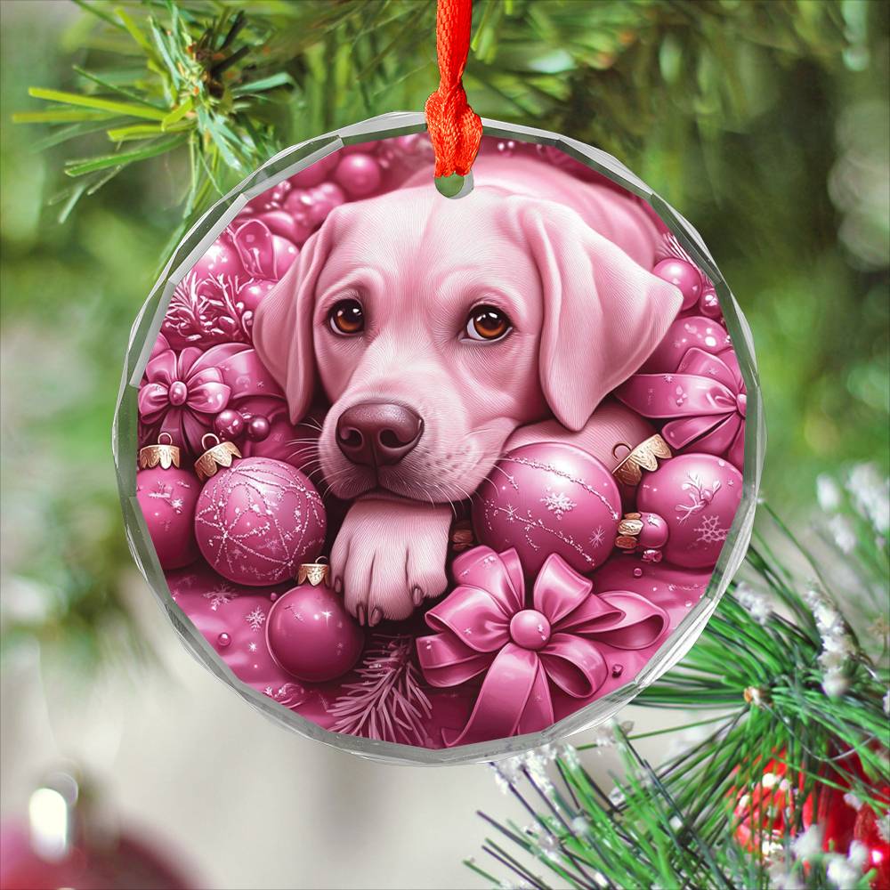 Labrador Retriever Dog Pink Christmas Design 1 Glass Ornament