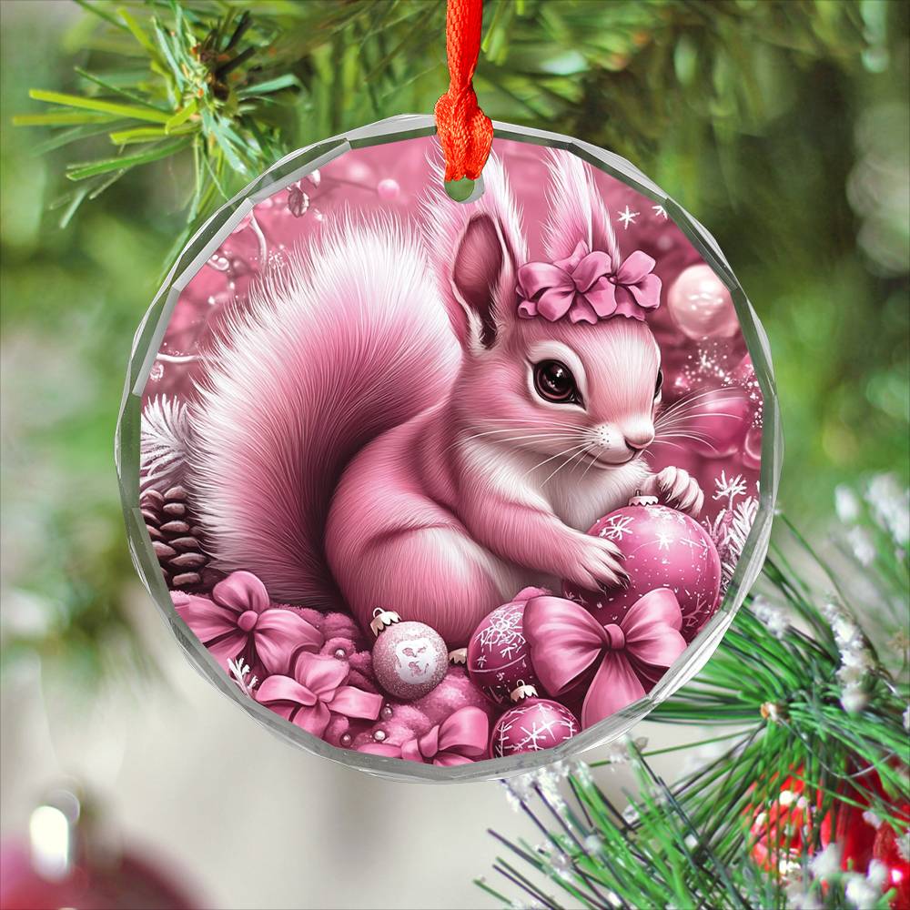 Squirrel Pink Christmas Design 1 Glass Ornament