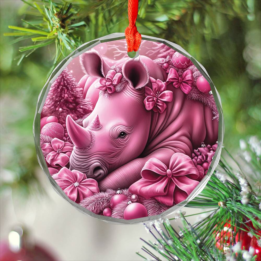 Rhino Pink Christmas Design 4 Glass Ornament