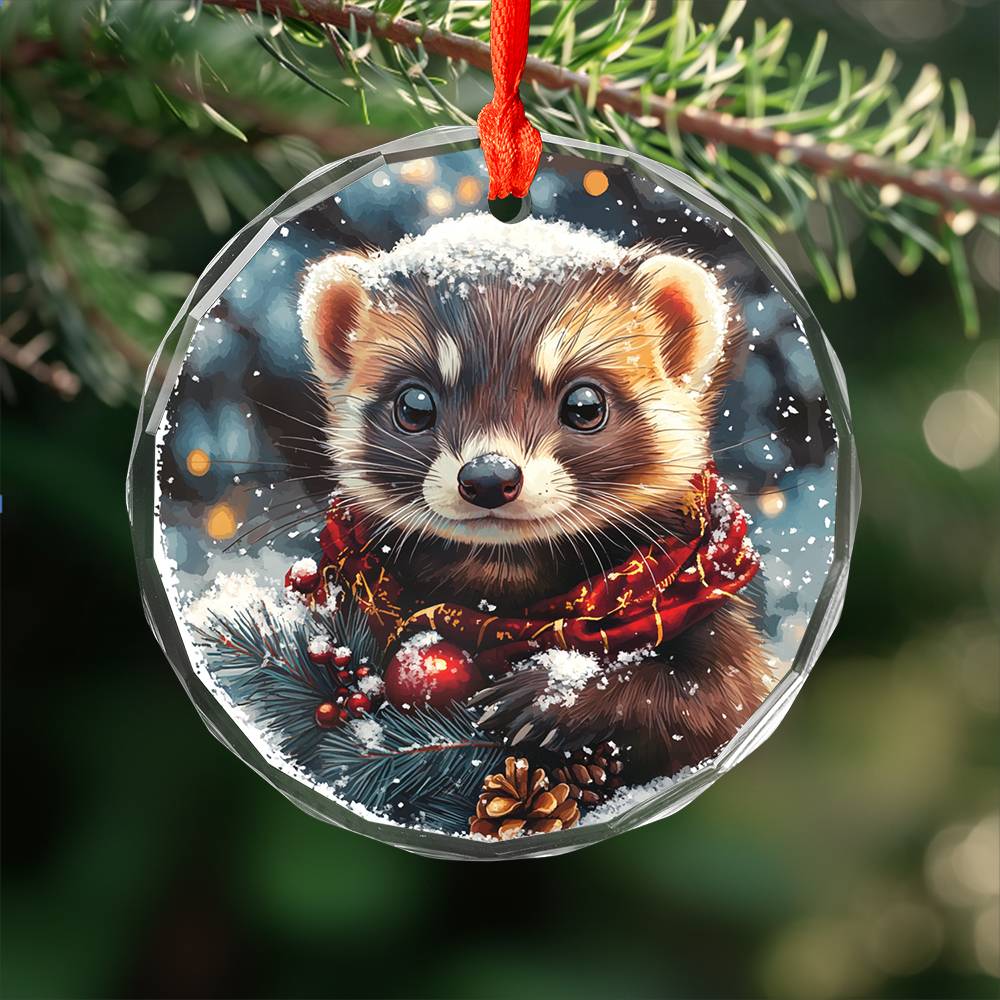 Beautiful Ferret Christmas Night Design 3 Glass Ornament