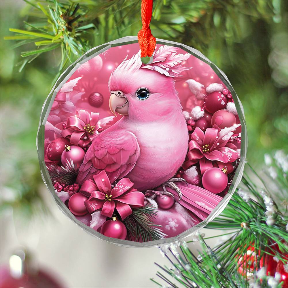 Parrot Pink Christmas Design 1 Glass Ornament