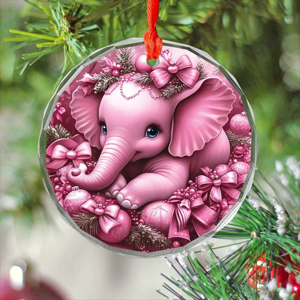 Elephant Pink Christmas Design 2 Glass Ornament