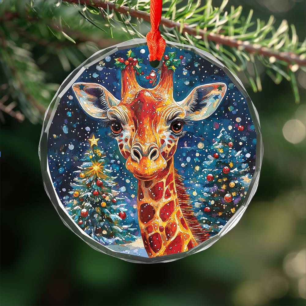 Beautiful Giraffe Christmas Night Design 1 Glass Ornament