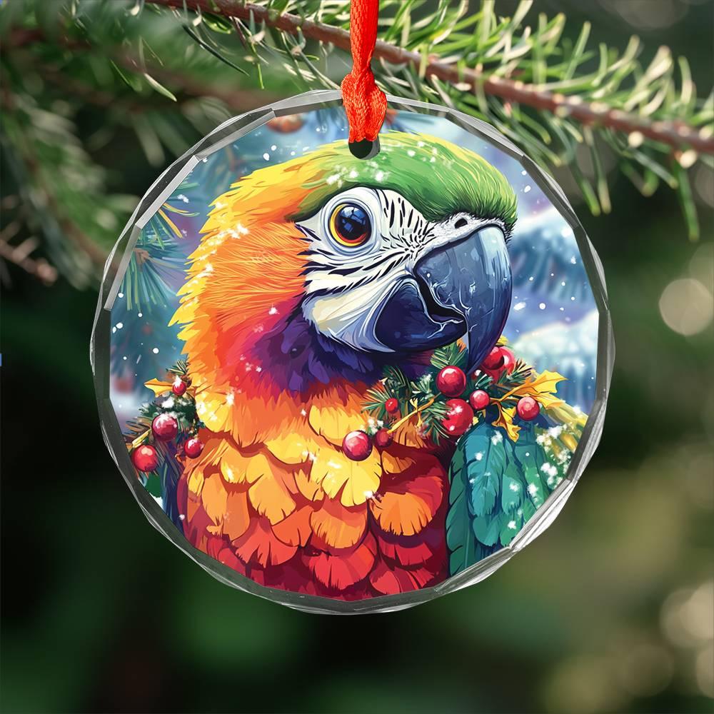 Beautiful Parrot Christmas Night Design 3 Glass Ornament