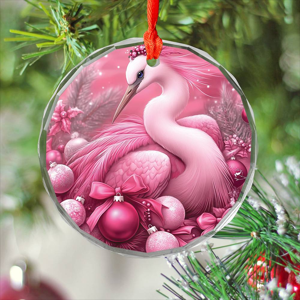 Heron Pink Christmas Design 4 Glass Ornament