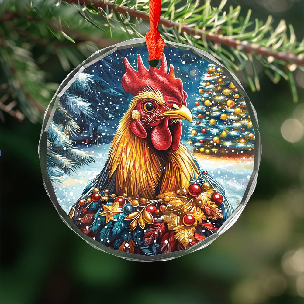 Beautiful Rooster Christmas Night Design 4 Glass Ornament