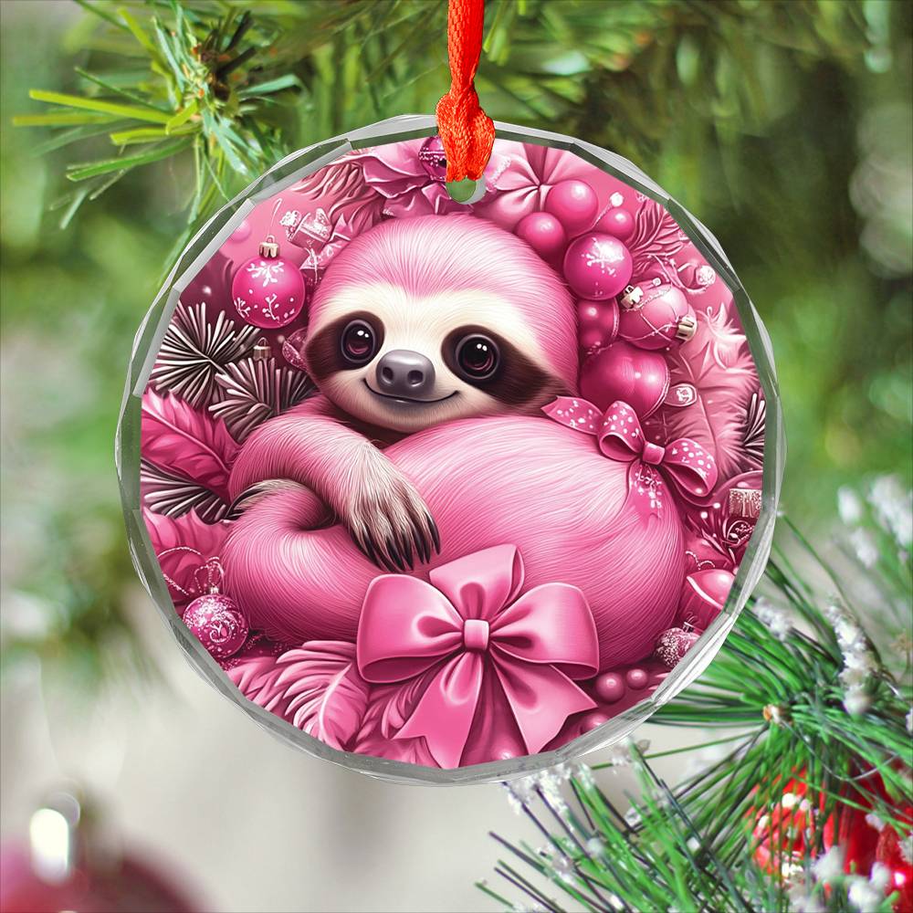 Sloth Pink Christmas Design 1 Glass Ornament