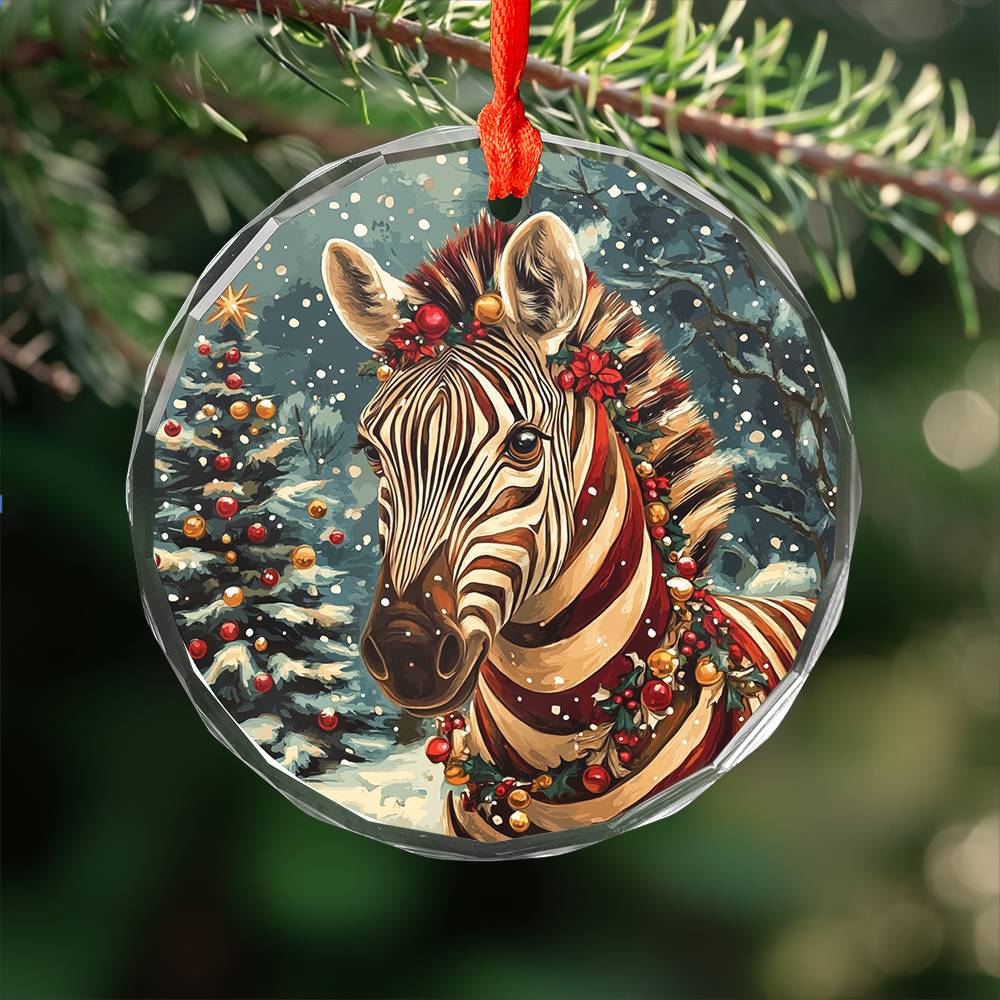 Beautiful Zebra Christmas Night Design 4 Glass Ornament