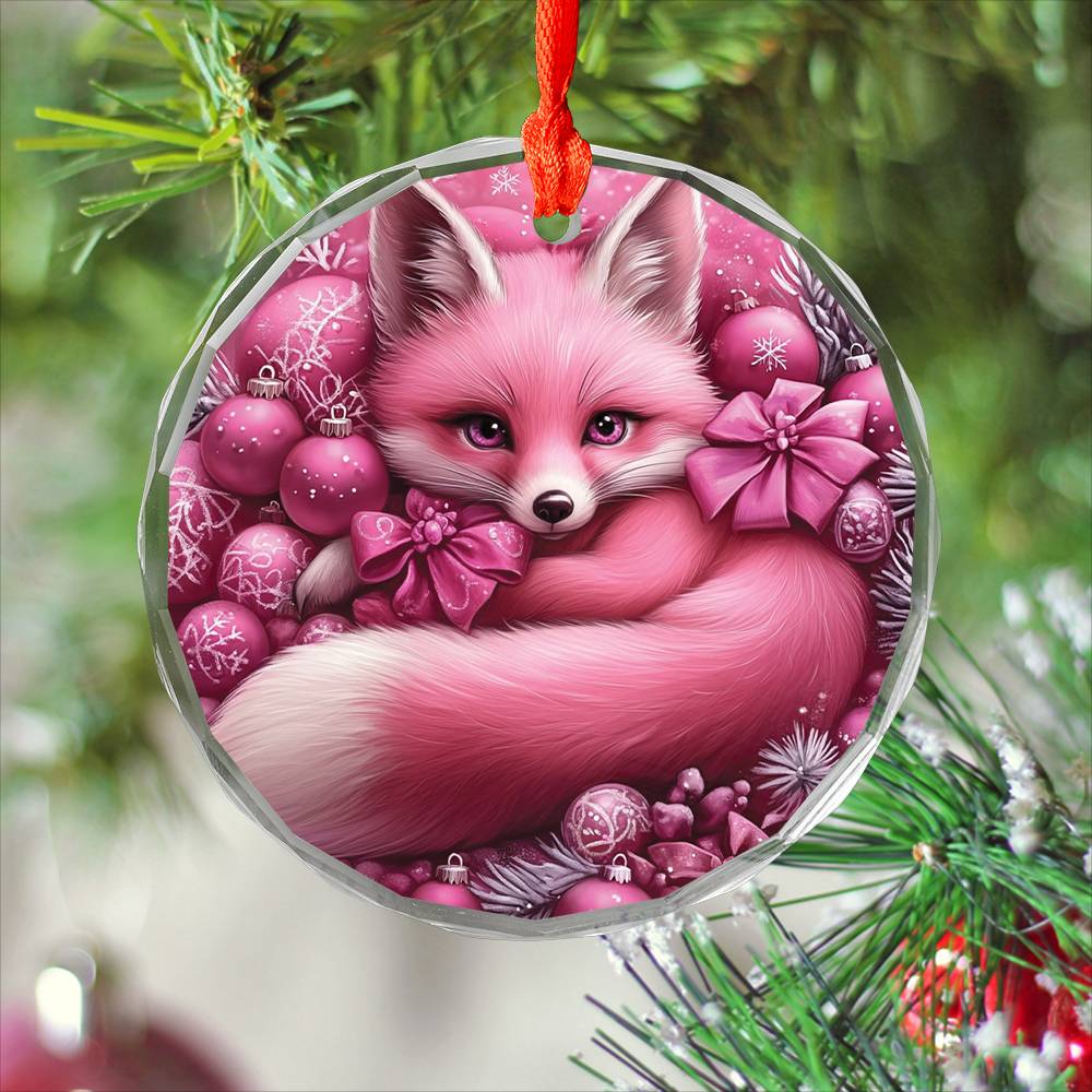 Fox Pink Christmas Design 1 Glass Ornament
