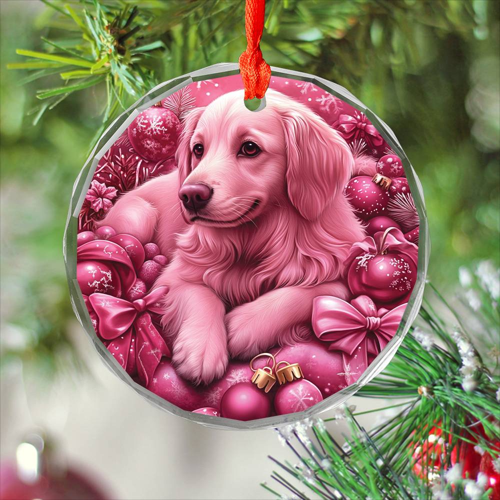 Golden Retriever Dog Pink Christmas Design 1 Glass Ornament