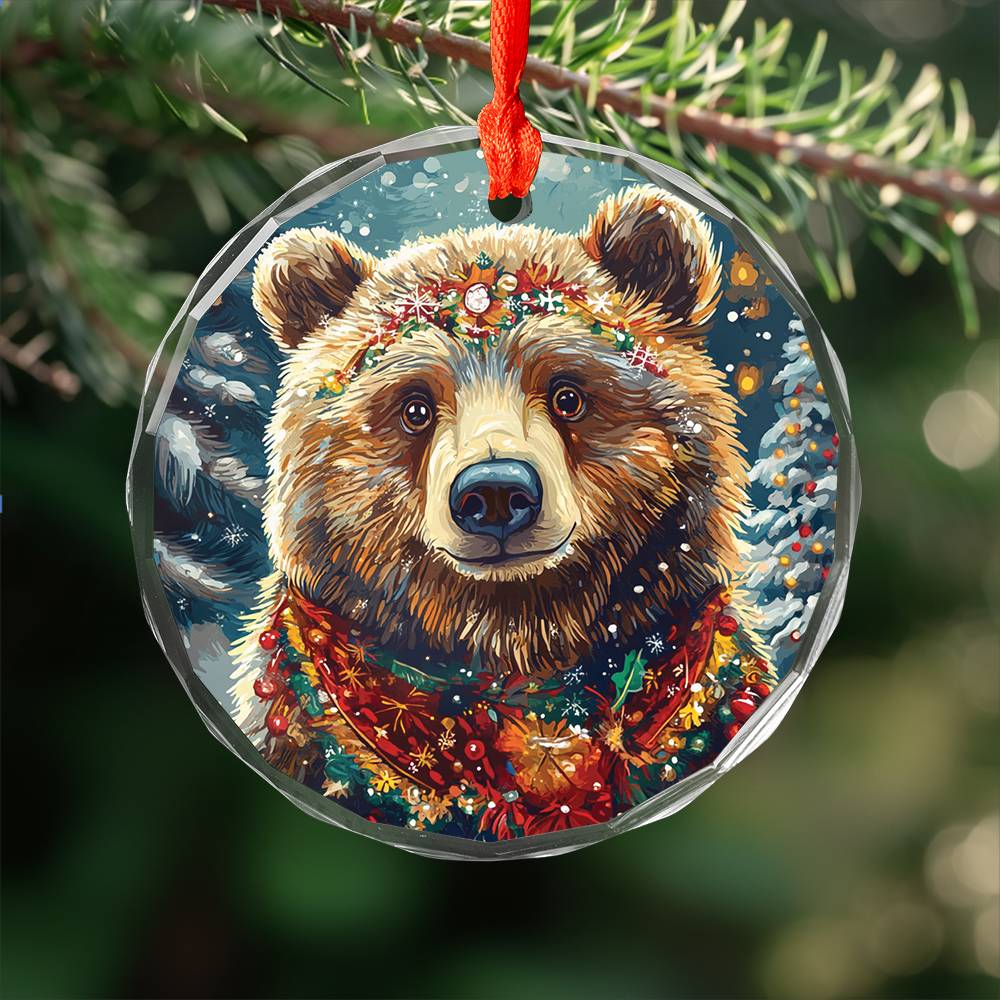 Beautiful Angus Grizzly Bear Christmas Night Design 2 Glass Ornament