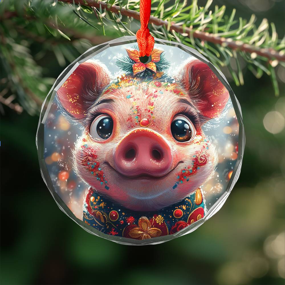 Beautiful Pig Christmas Night Design 1 Glass Ornament