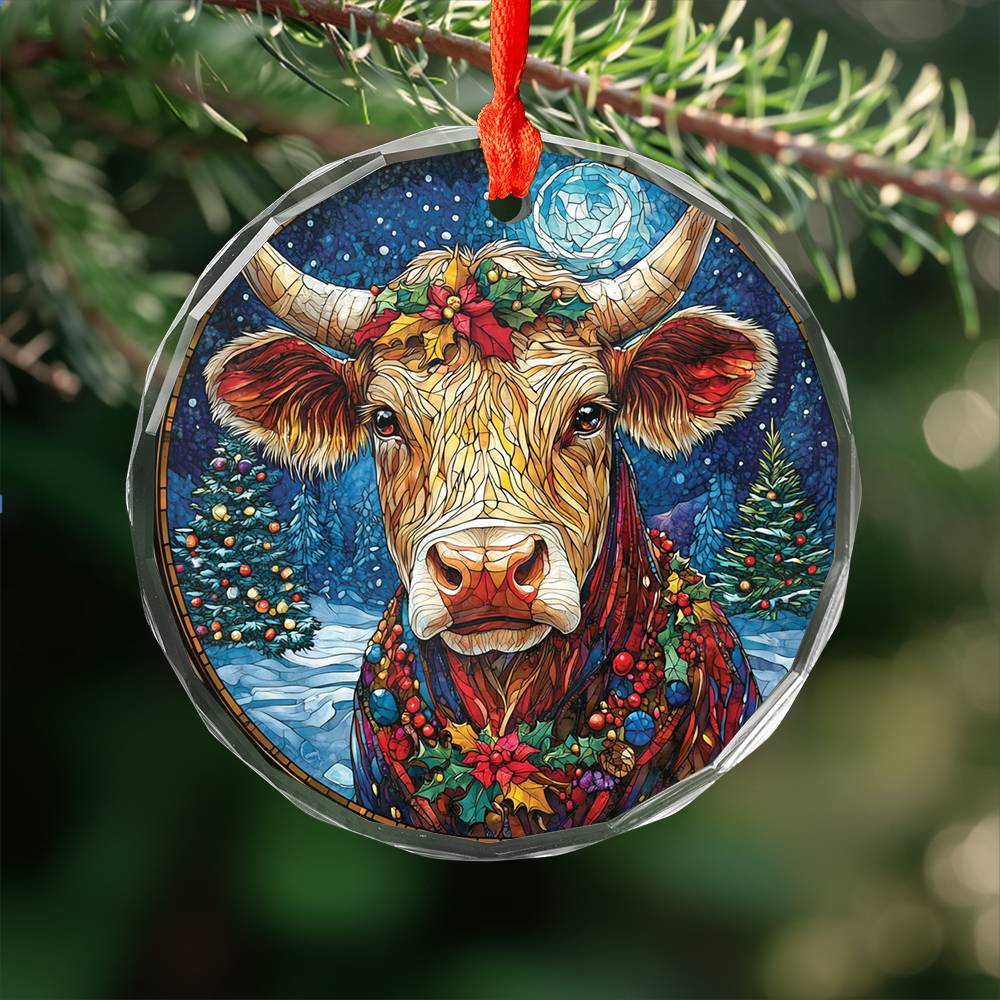 Beautiful Angus Cow Christmas Night Design 2 Glass Ornament