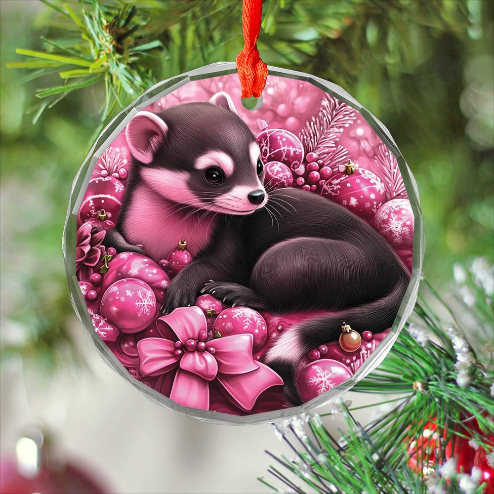 Ferret Pink Christmas Design 1 Glass Ornament