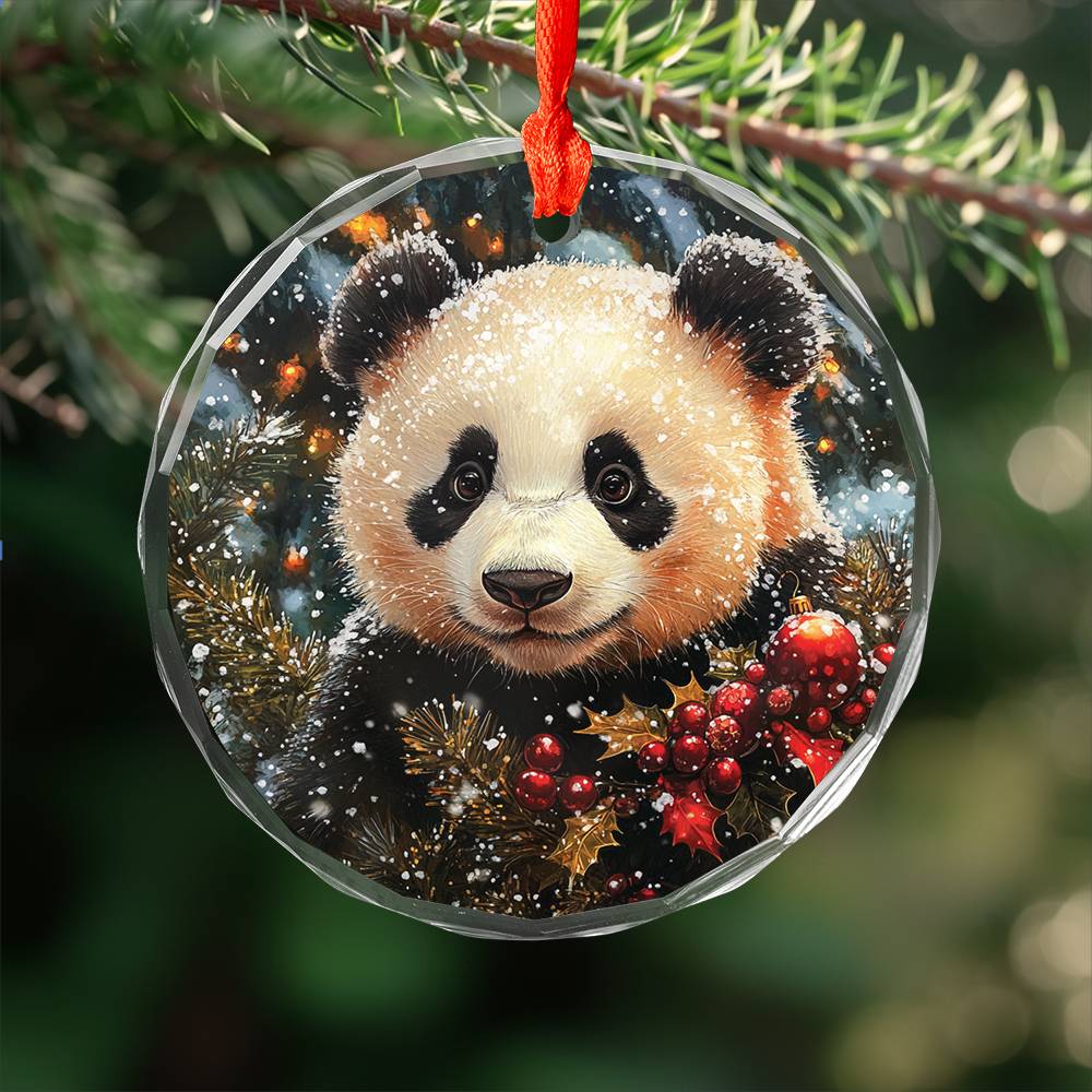 Beautiful Angus Panda Christmas Night Design 2 Glass Ornament