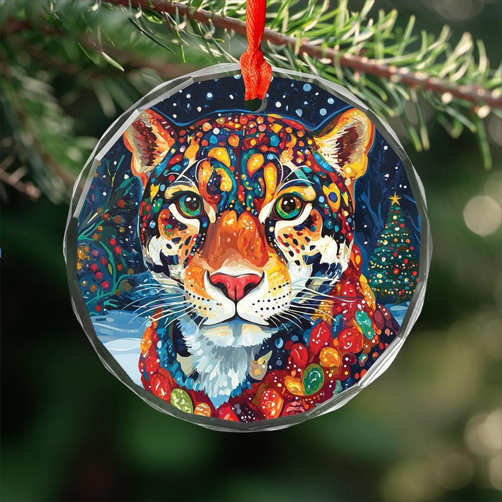 Beautiful Jaguar Christmas Night Design 2 Glass Ornament