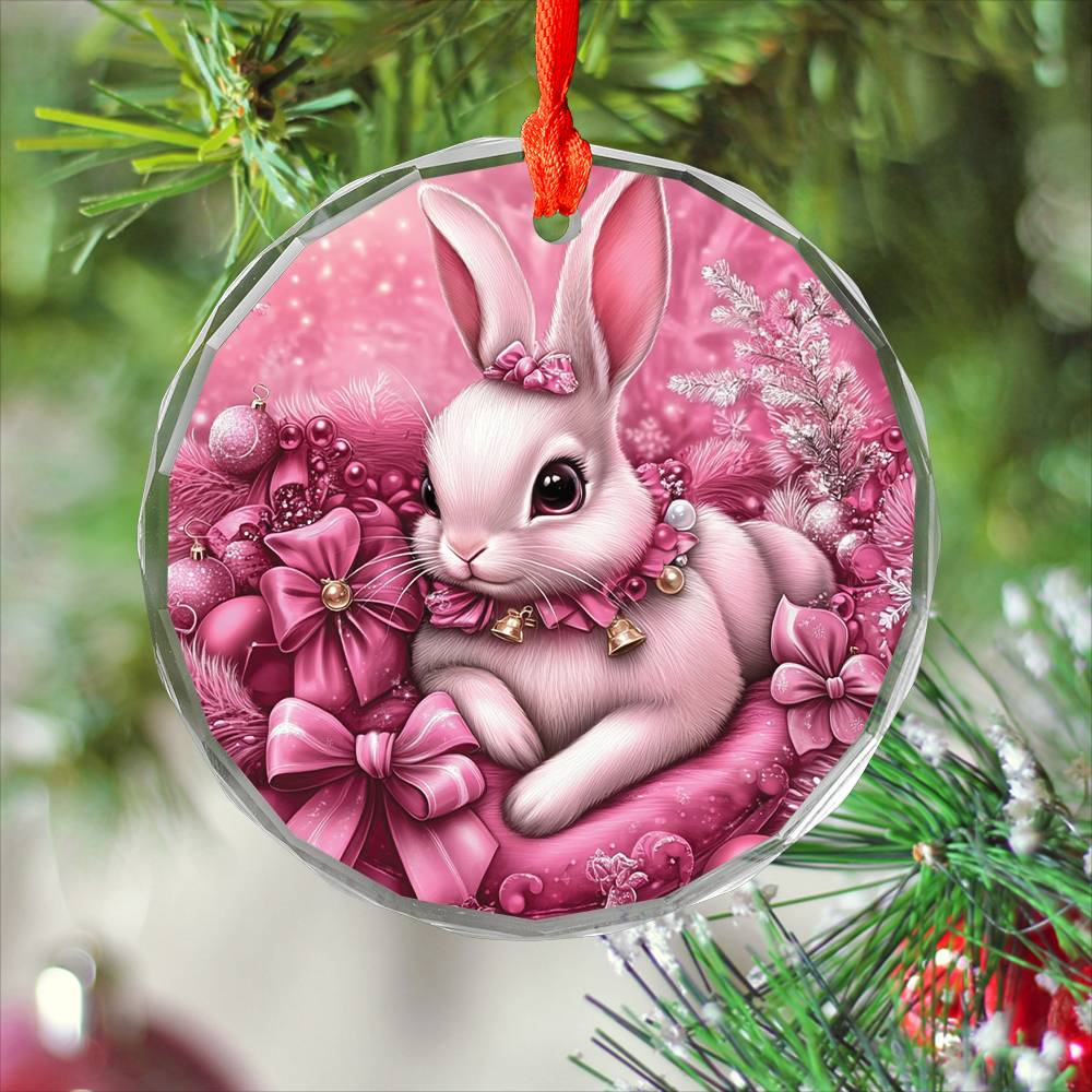 Rabbit Pink Christmas Design 4 Glass Ornament