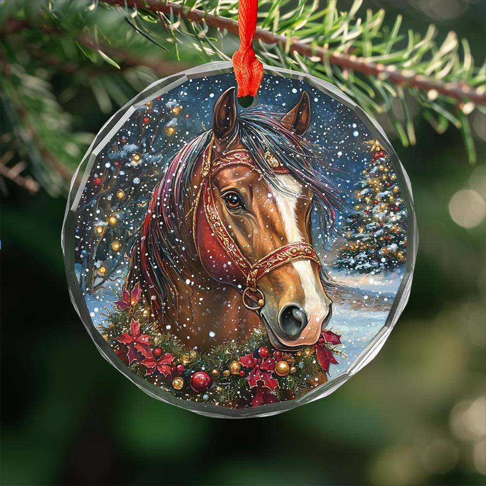 Beautiful Horse Christmas Night Design 3 Glass Ornament
