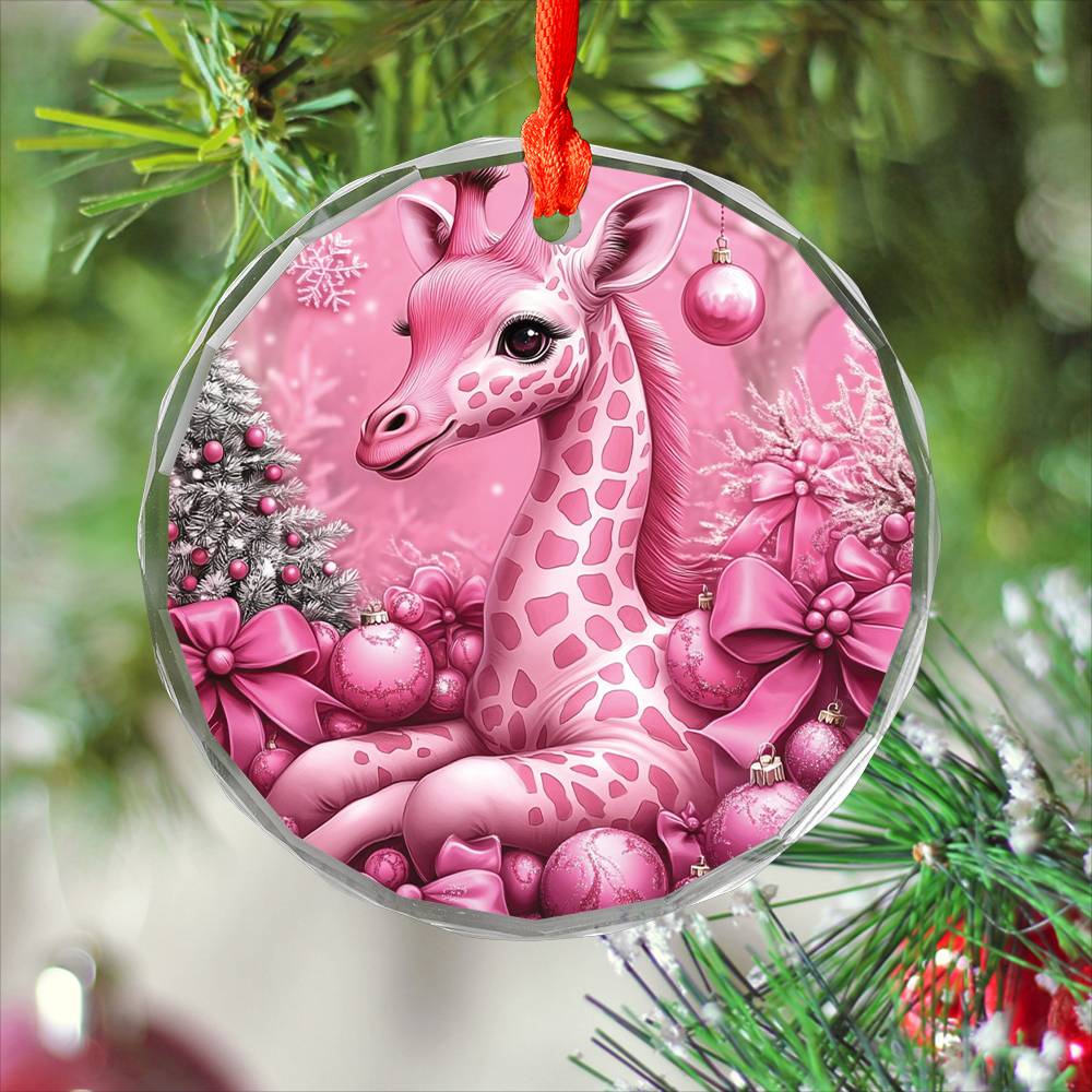 Giraffe Pink Christmas Design 1 Glass Ornament