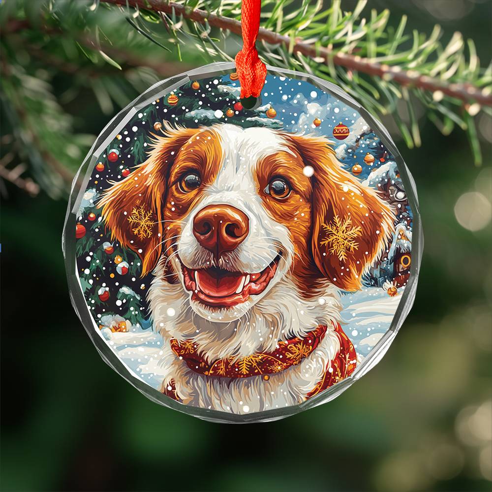 Beautiful Brittany Dog Christmas Night Design 1 Glass Ornament