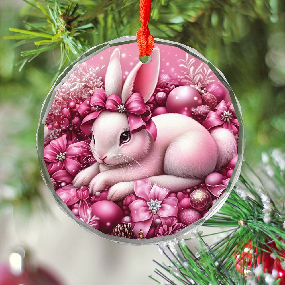 Rabbit Pink Christmas Design 2 Glass Ornament