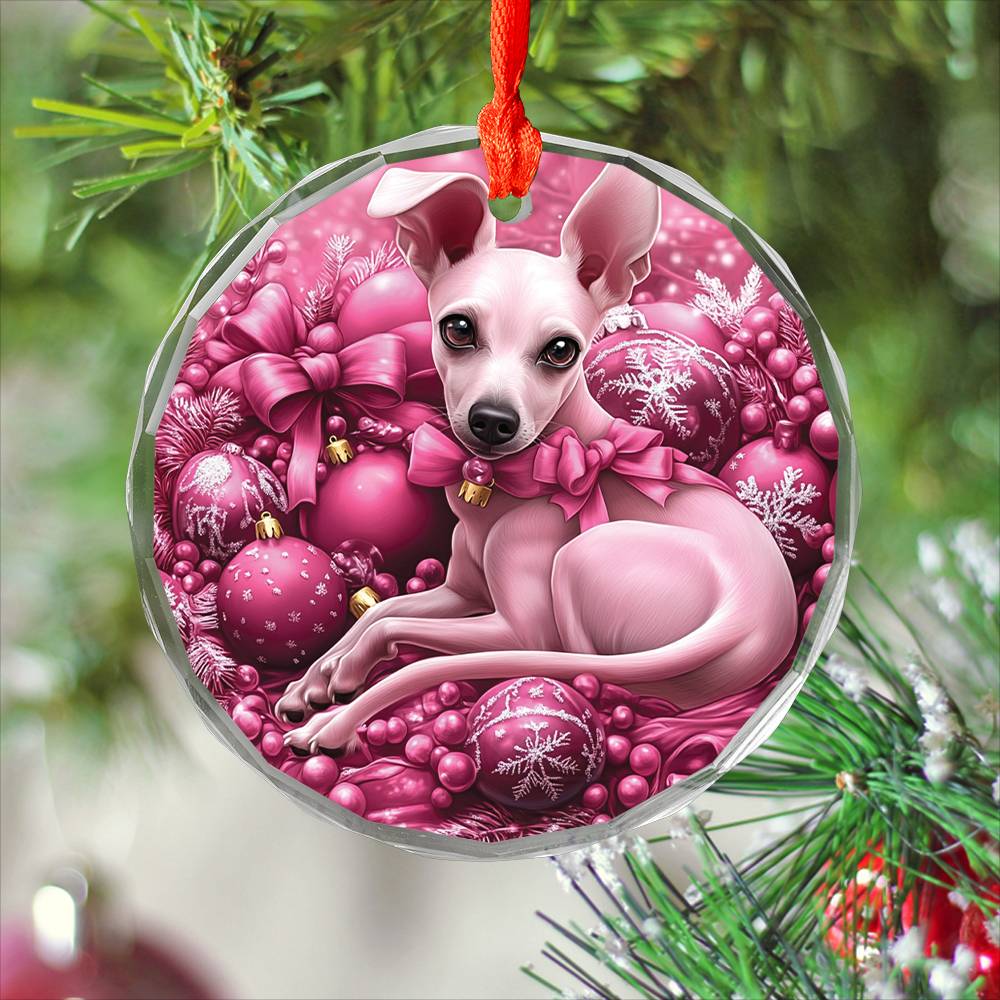 Whippet Dog Pink Christmas Design 1 Glass Ornament