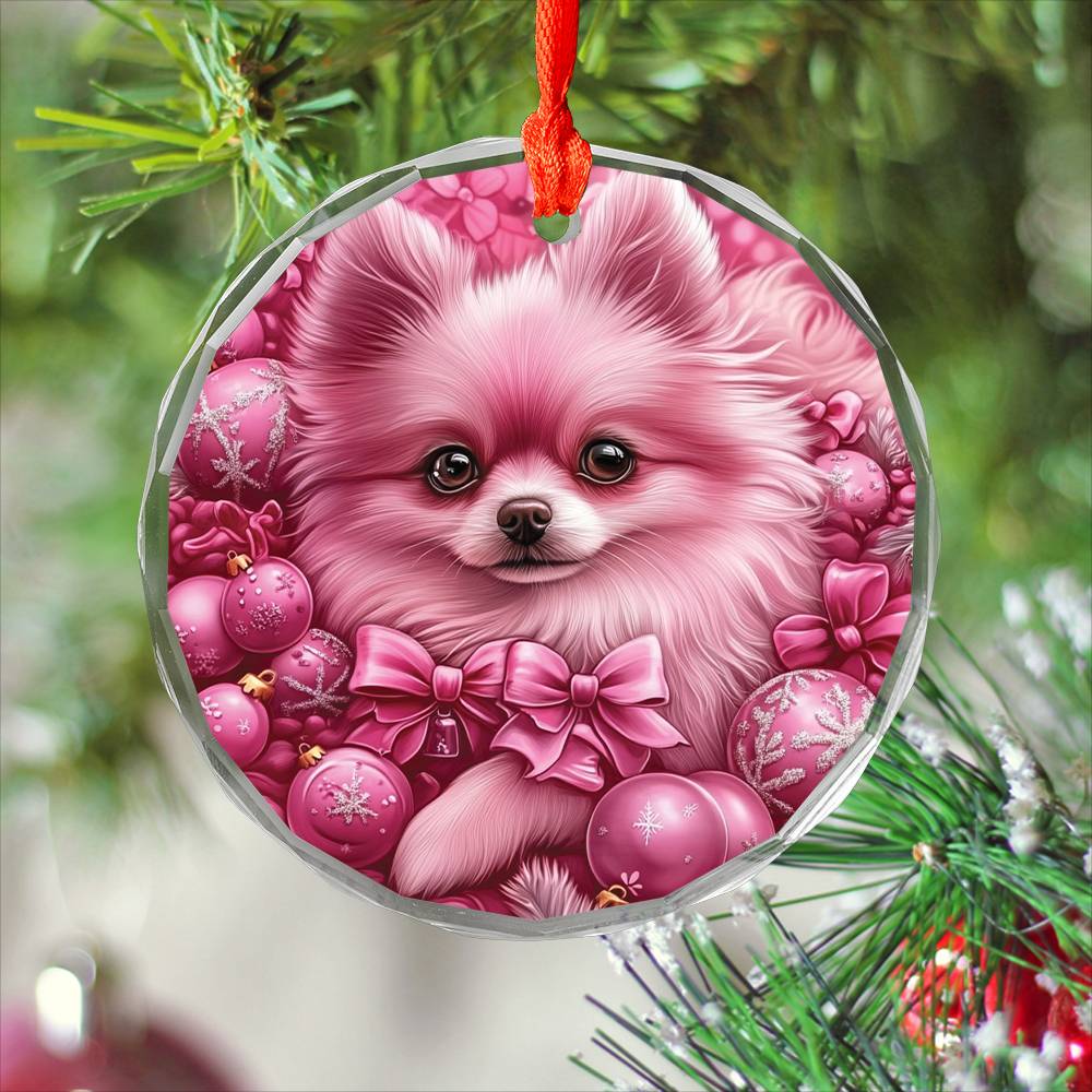 Pomeranian Dog Pink Christmas Design 1 Glass Ornament
