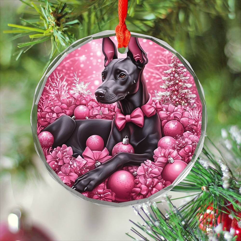 Doberman Pinscher Dog Pink Christmas Design 1 Glass Ornament