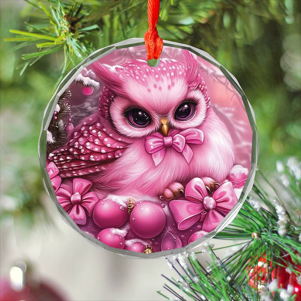 Owl Pink Christmas Design 2 Glass Ornament