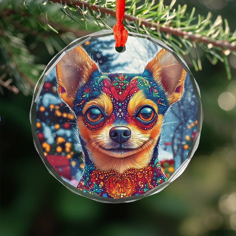 Beautiful Chihuahua Dog Christmas Night Design 4 Glass Ornament