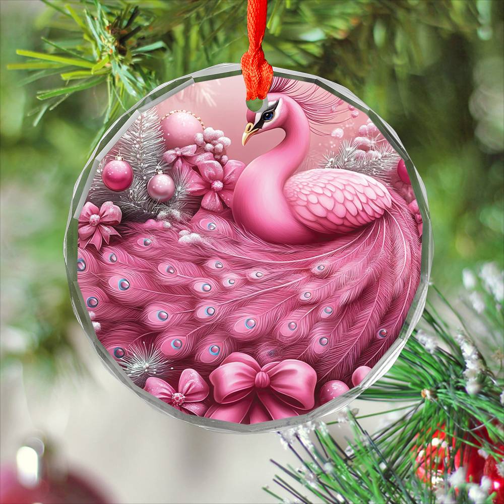 Peacock Pink Christmas Design 3 Glass Ornament