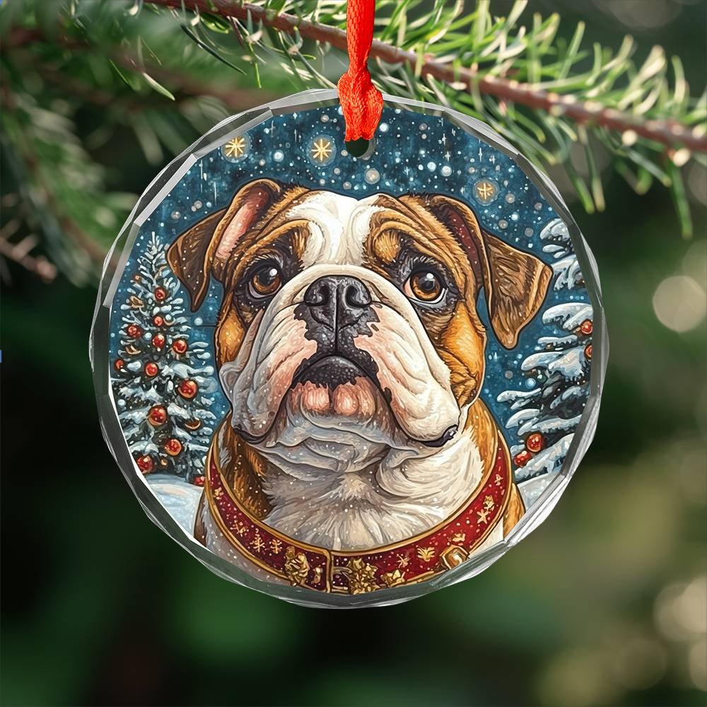 Beautiful Angus Bulldog Dog Christmas Night Design 3 Glass Ornament