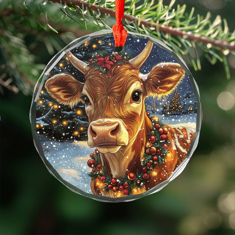 Beautiful Jersey Cow Christmas Night Design 4 Glass Ornament