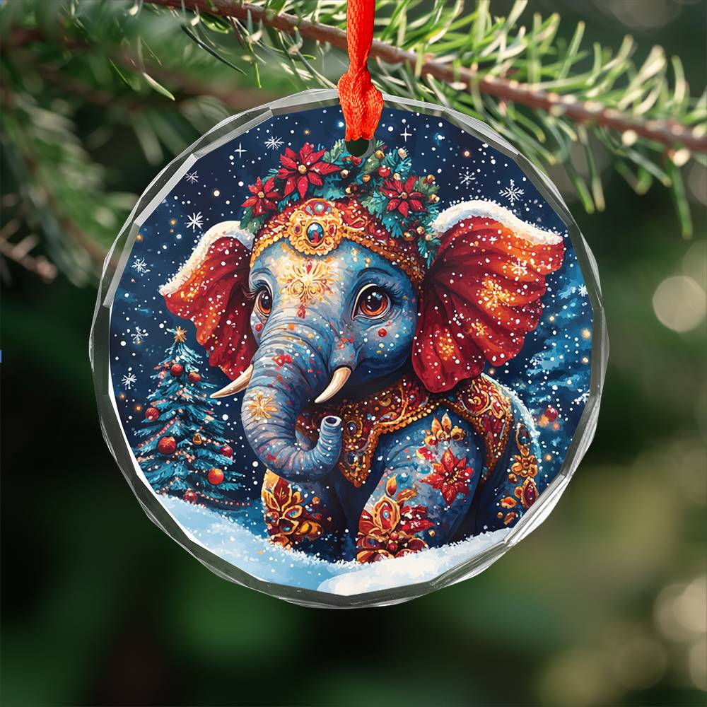 Beautiful Elephant Christmas Night Design 1 Glass Ornament