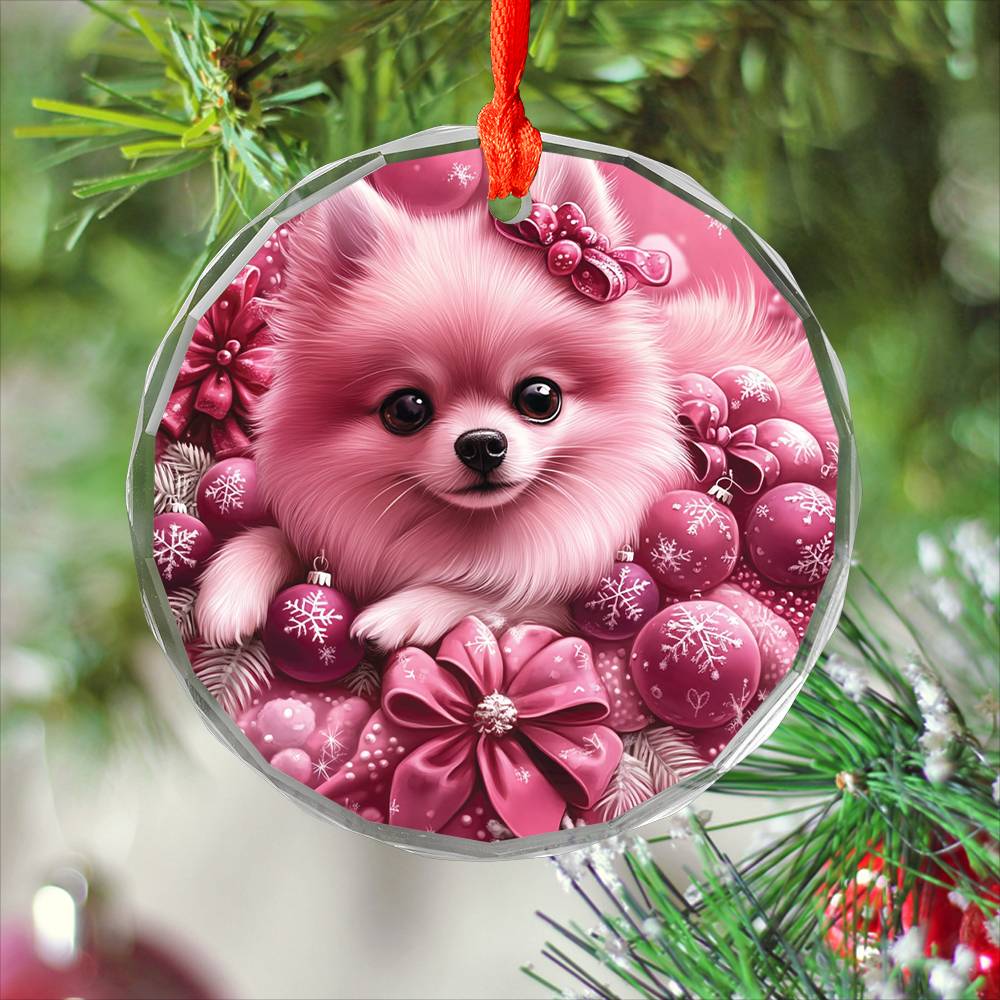 Pomeranian Dog Pink Christmas Design 2 Glass Ornament