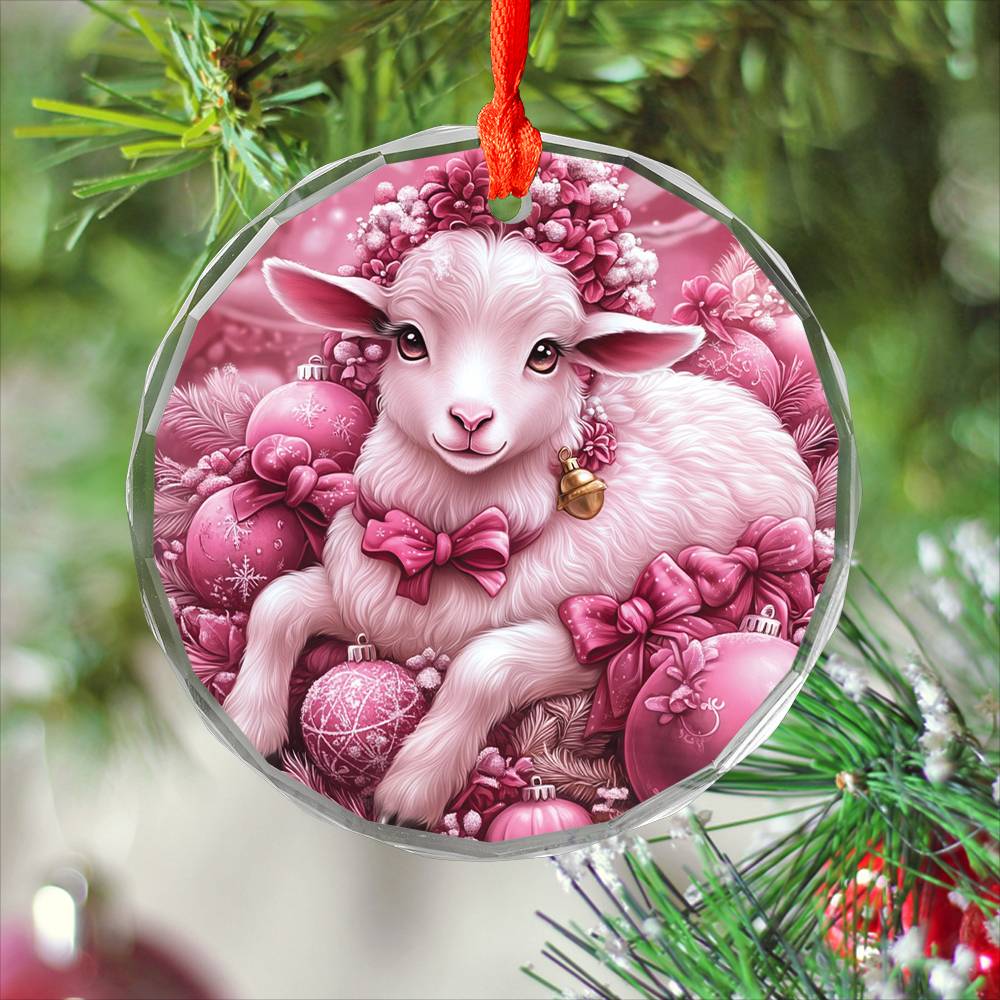 Sheep Pink Christmas Design 1 Glass Ornament