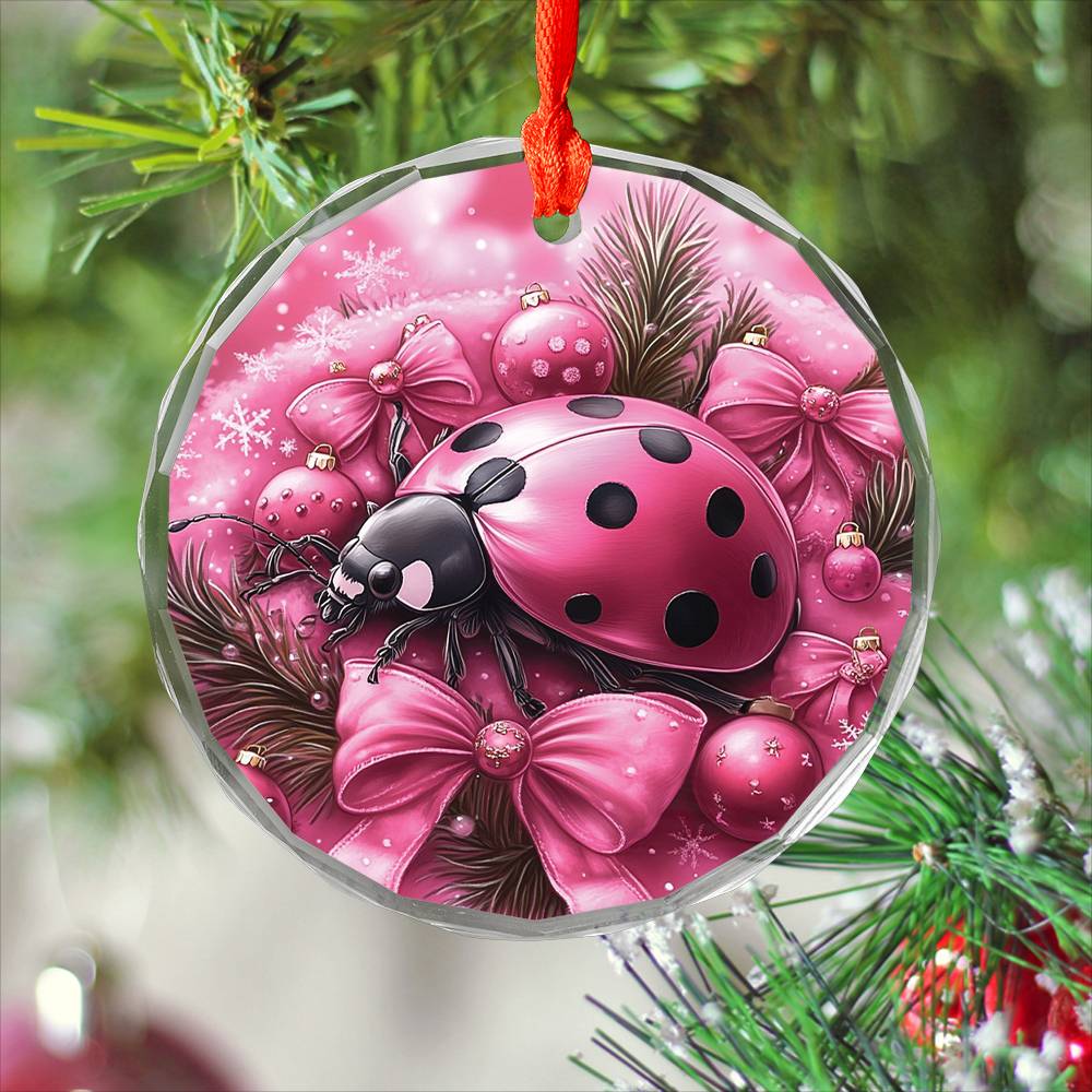 Ladybug Pink Christmas Design 4 Glass Ornament