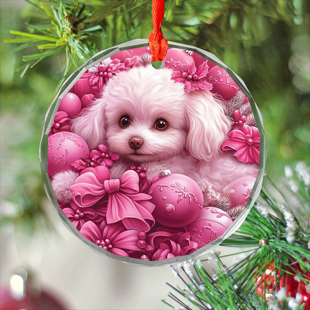 Bichon Frise Dog Pink Christmas Design 1 Glass Ornament