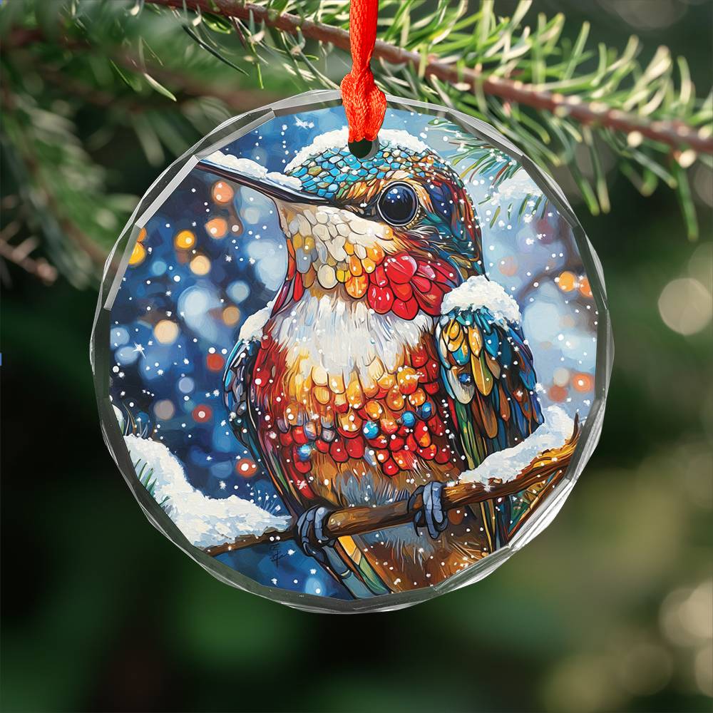 Beautiful Hummingbird Christmas Night Design 2 Glass Ornament