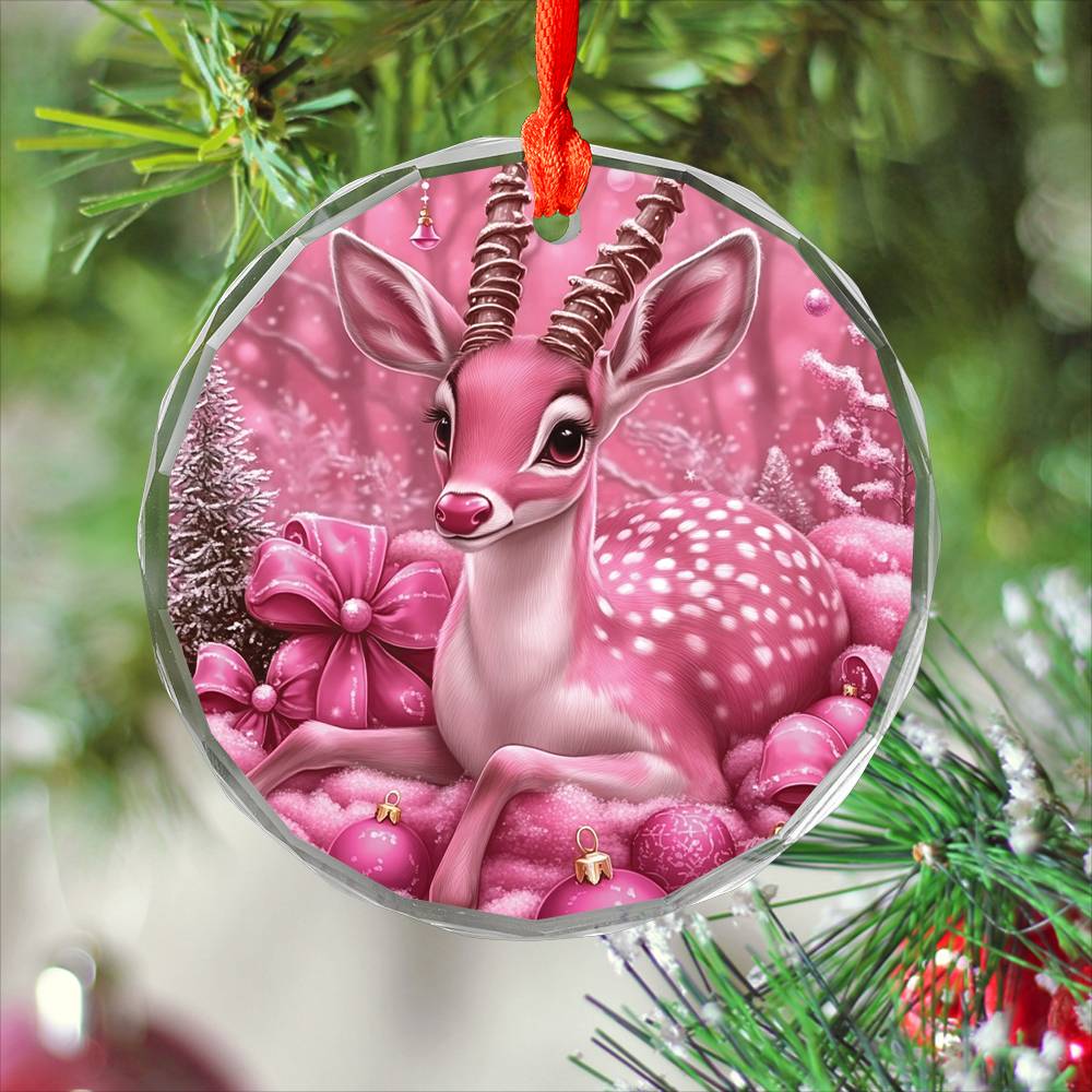 Antelope Pink Christmas Design 2 Glass Ornament